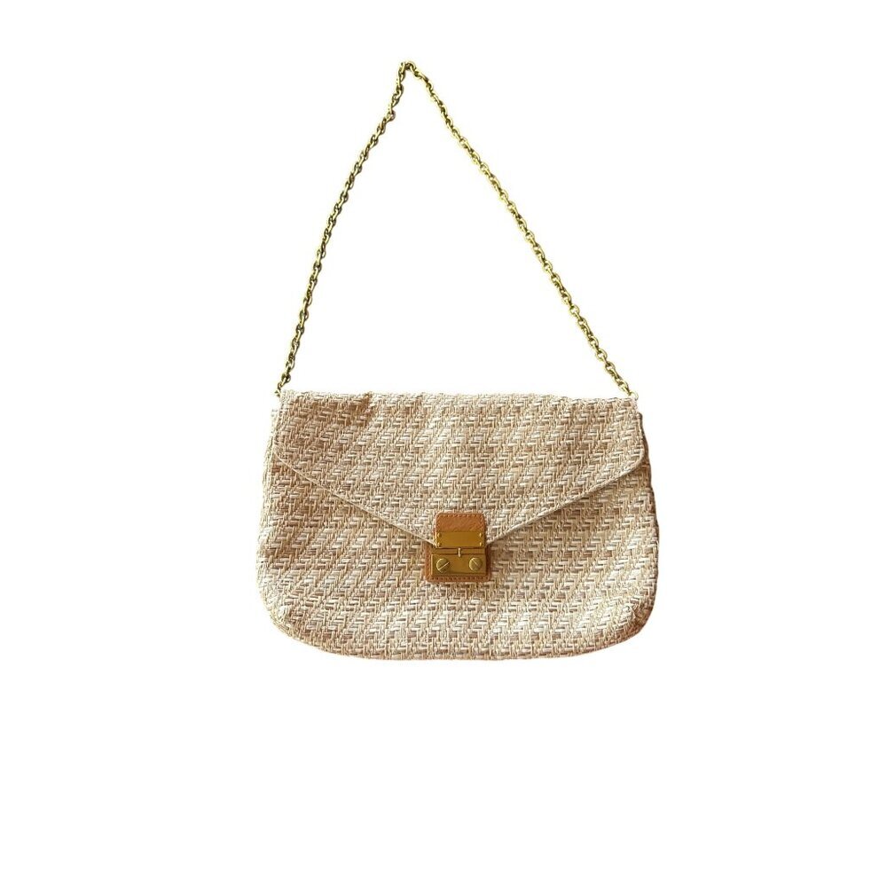 J.Crew Beige Straw Woven Crossbody Bag With Gold Chain Strap & Turn Lock Closure